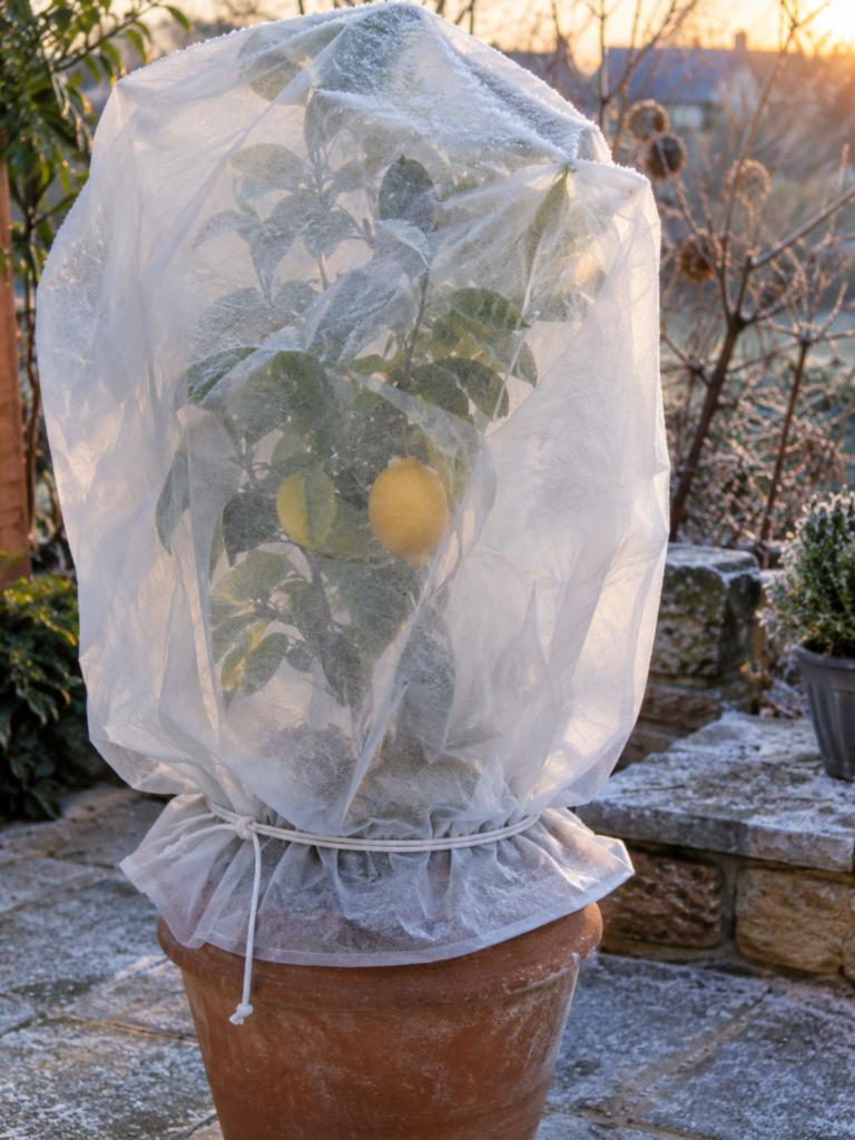 voile d'hivernage sur un citronnier en pot